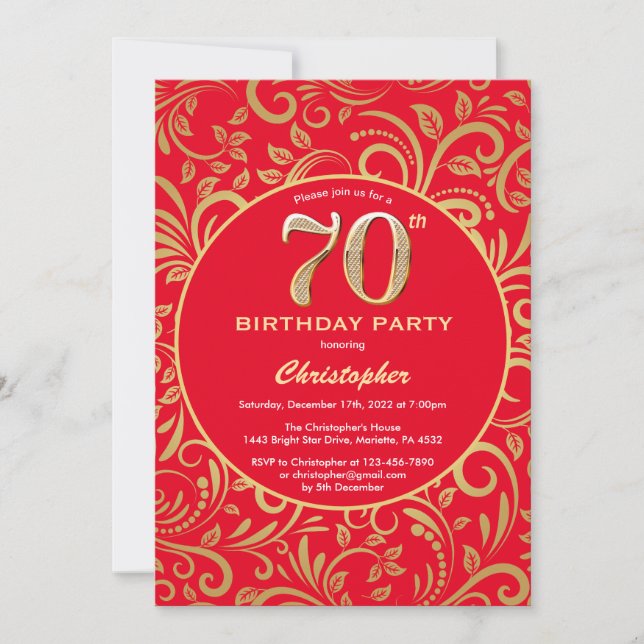 70th Birthday Red and Gold Floral Pattern Invitation (Front)