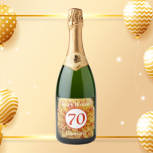 70th Birthday Red and Yellow Dahlia Personalised Sparkling Wine Label