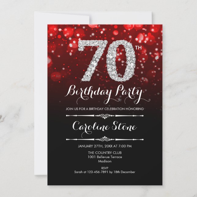 70th Birthday - Red Black Silver Invitation (Front)