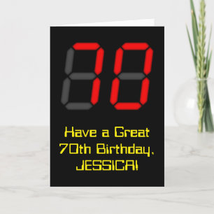 70th Birthday: Red Digital Clock Style "70" + Name Card