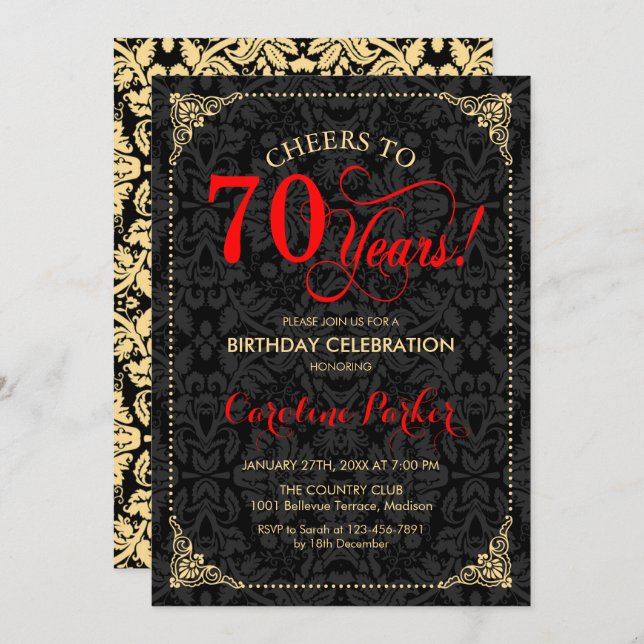 70th Birthday - Red Gold Black Damask Invitation (Front/Back)