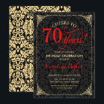 70th Birthday - Red Gold Black Damask Invitation<br><div class="desc">70th Birthday Invitation
Elegant vintage red,  black and faux gold design with damask pattern. Features script font. Cheers to 70 years! Can be personalized into any age! Message me if you need further customization.</div>