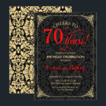 70th Birthday - Red Gold Black Damask Invitation<br><div class="desc">70th Birthday Invitation
Elegant vintage red,  black and faux gold design with damask pattern. Features script font. Cheers to 70 years! Can be personalized into any age! Message me if you need further customization.</div>