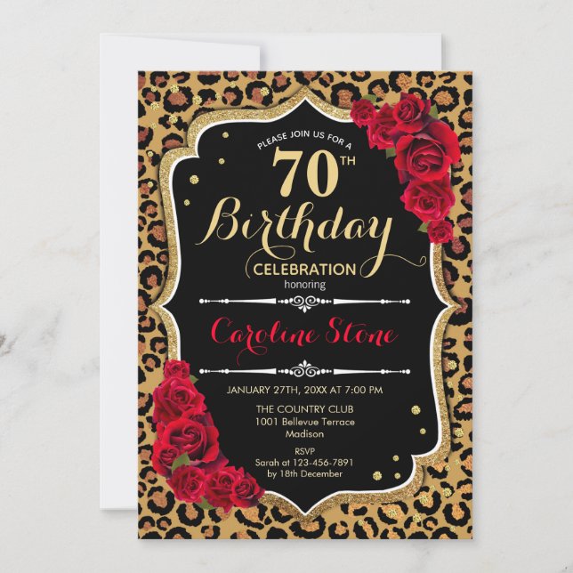 70th Birthday - Red Roses Leopard Print Invitation (Front)