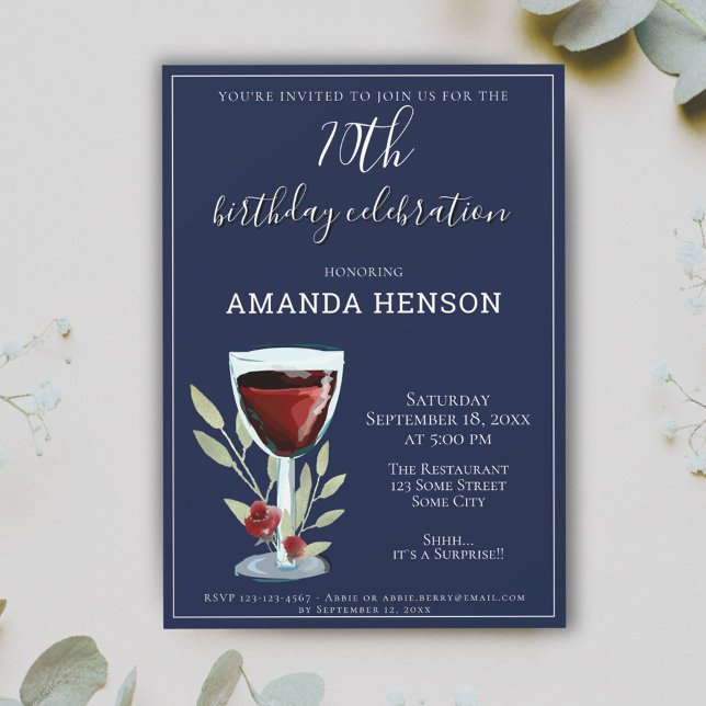 70th Birthday Red Wine Navy Blue Party Invitation (Creator Uploaded)