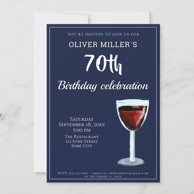 70th Birthday Red Wine Navy Blue Party Invitation (Front)