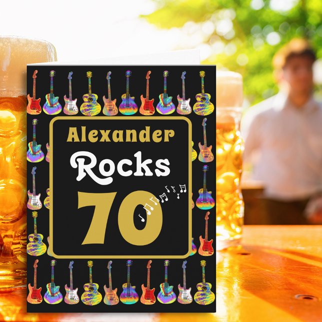 70th birthday Retro Groovy Guitar Personalized Card (Music lovers Guitar 70th birthday personalized name rocks 70 black & gold rock and roll folded card)