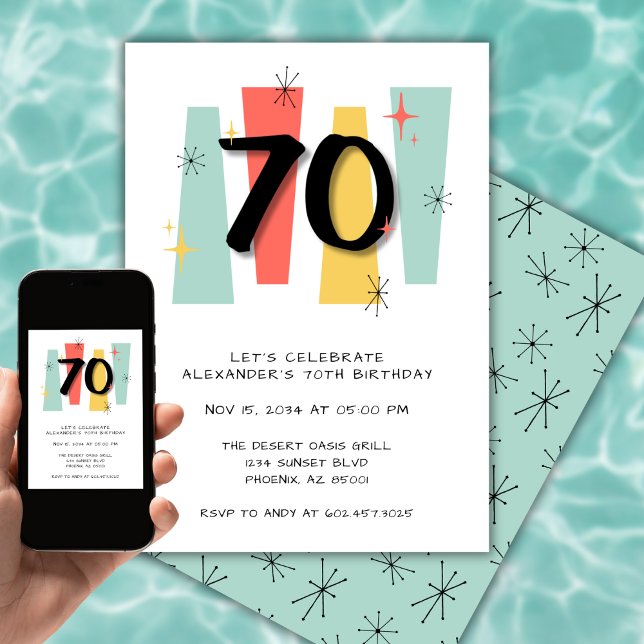 70th Birthday Retro Midcentury Modern Colourful Invitation (Creator Uploaded)
