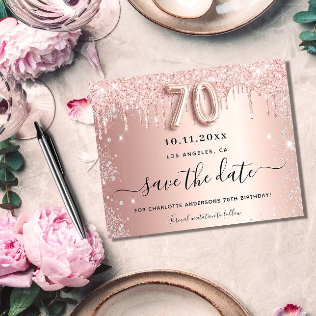 70th birthday rose glitter budget save the date flyer (Creator Uploaded)
