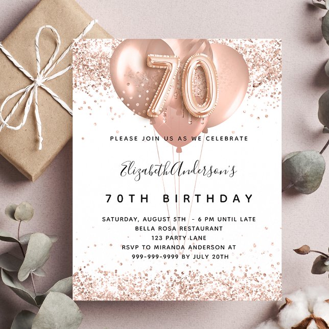 70th birthday rose gold balloons budget invitation flyer (Creator Uploaded)