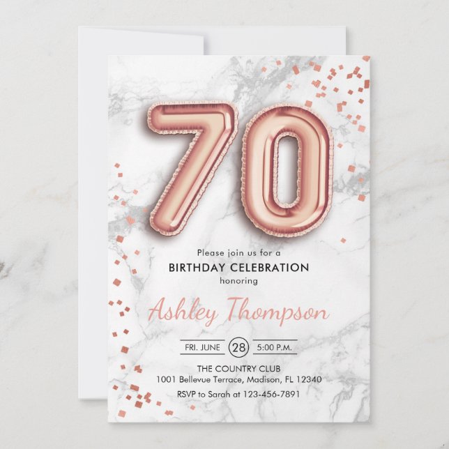 70th Birthday - Rose Gold Balloons Marble Effect Invitation (Front)