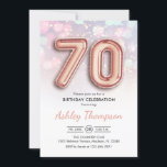 70th Birthday - Rose Gold Balloons Pink Lights Invitation<br><div class="desc">70th birthday party invitation. Elegant design in faux glitter rose gold with pastel pink and purple lights. Invite card features gold number 15 balloons and script font. Perfect for a stylish bday celebration. Message me if you need custom age.</div>