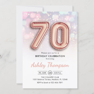 70th Birthday - Rose Gold Balloons Pink Lights Invitation