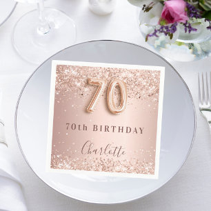 70th birthday rose gold blush glitter name napkin