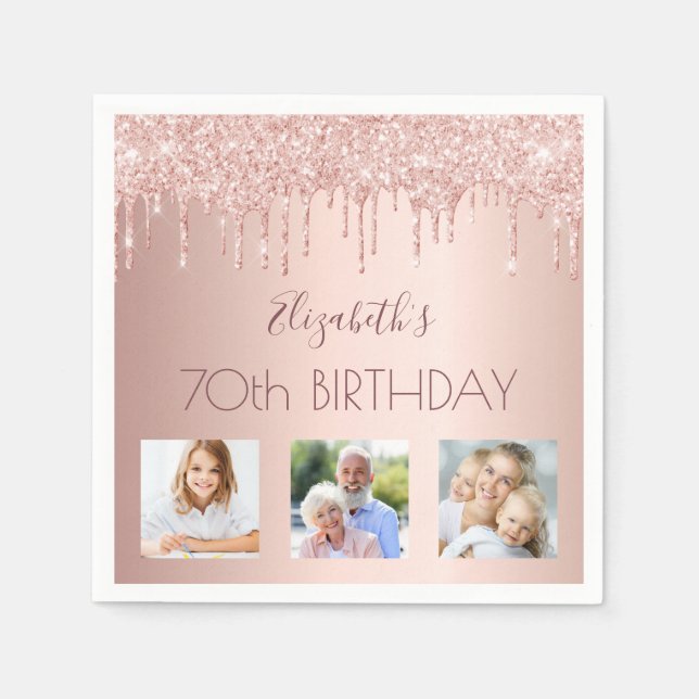 70th birthday rose gold blush glitter photo napkin (Front)