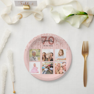 70th birthday rose gold blush glitter photo paper plate
