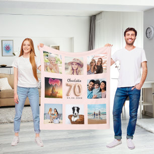 70th birthday rose gold blush photo collage name fleece blanket