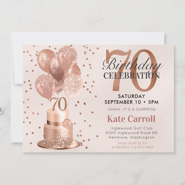 70th Birthday Rose Gold Cake Surprise Party Invitation (Front)