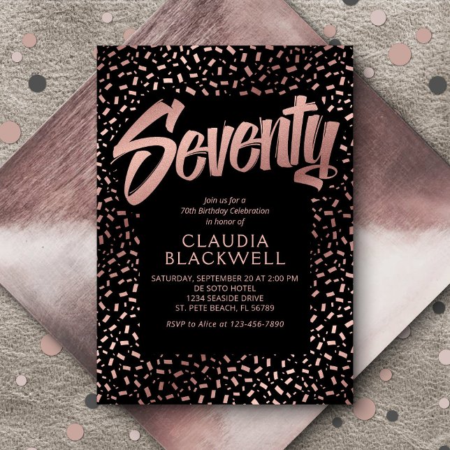 70th Birthday Rose Gold Confetti Invitation (Creator Uploaded)