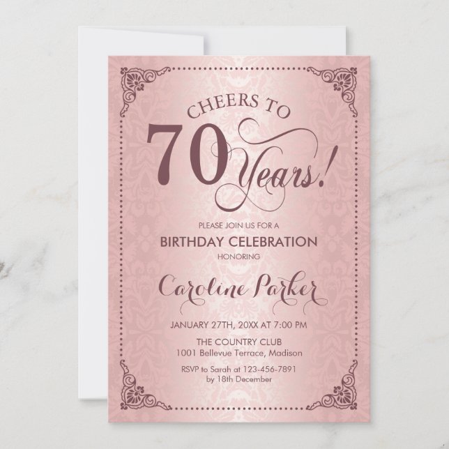 70th Birthday - Rose Gold Damask Invitation (Front)