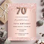 70th birthday rose gold glitter blush invitation postcard<br><div class="desc">A modern, stylish and glamourous invitation for a 70th birthday party. A faux rose gold metallic looking background with an elegant faux rose gold glitter drip, paint drip look. The name is written with a modern dark rose gold coloured hand lettered style script. Personalise and add your party details. Number...</div>
