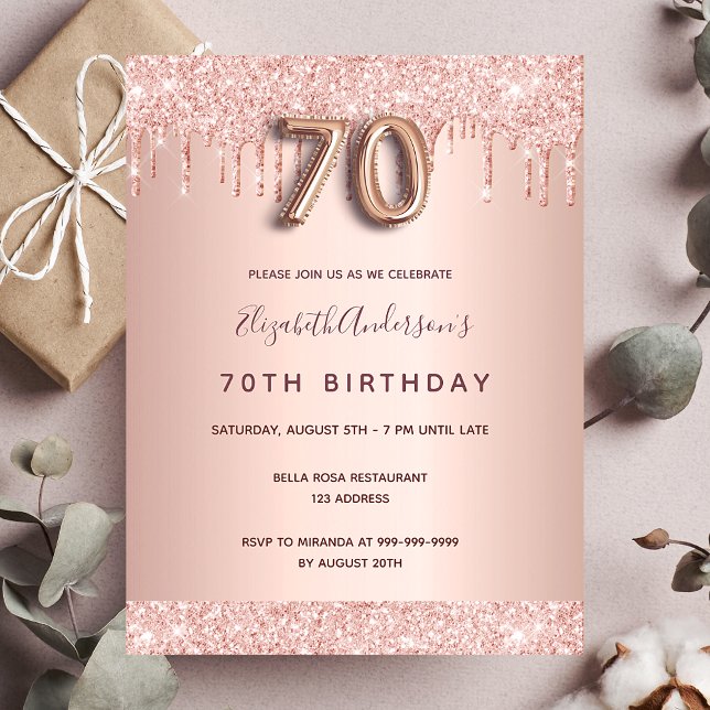 70th birthday rose gold glitter blush invitation postcard (Creator Uploaded)