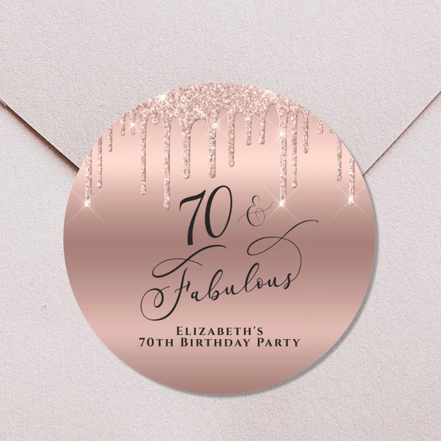 70th Birthday Rose Gold Glitter Classic Round Sticker (Creator Uploaded)