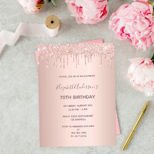 70th birthday rose gold glitter drip invitation postcard