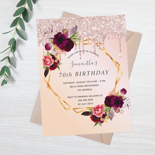 70th Birthday rose gold glitter florals invitation Postcard (Creator Uploaded)