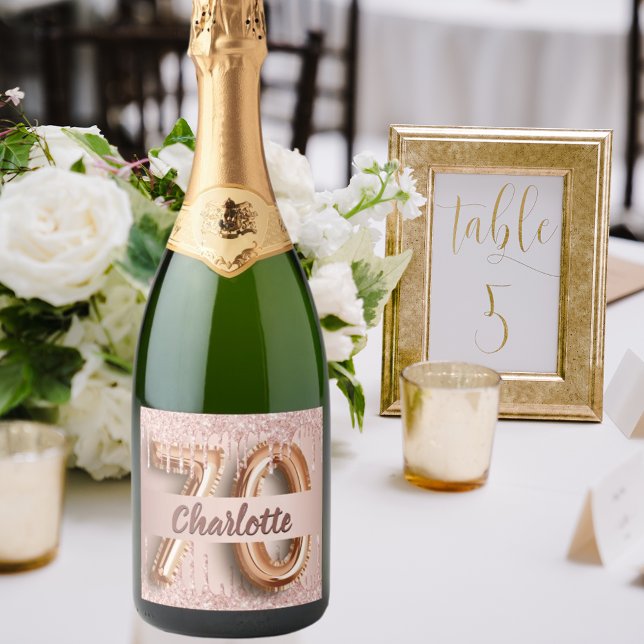 70th birthday rose gold glitter monogram luxury sparkling wine label (Creator Uploaded)