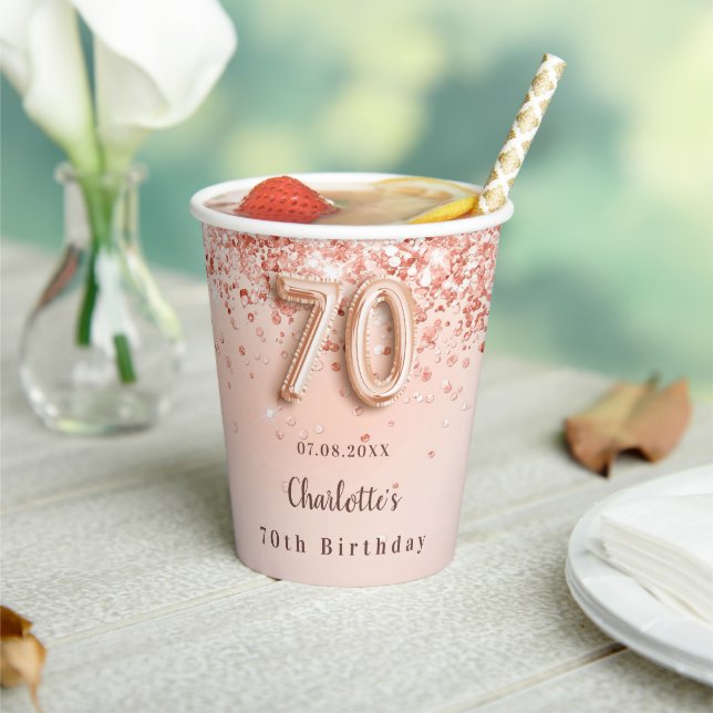 70th birthday rose gold glitter monogram name paper cups (Insitu)