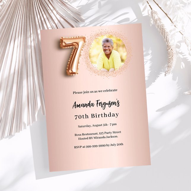 70th Birthday rose gold photo Invitation (Creator Uploaded)