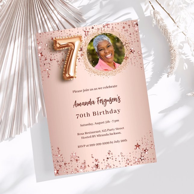 70th Birthday rose gold photo stars Invitation (Creator Uploaded)