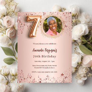 70th Birthday rose gold photo stars Invitation Postcard