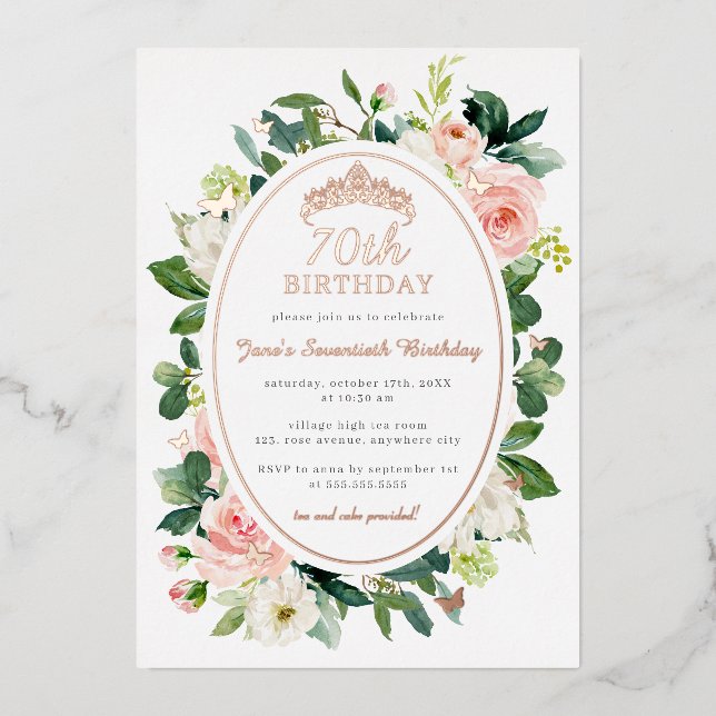 70th Birthday Rose Gold Pink Butterfly Floral  (Front)