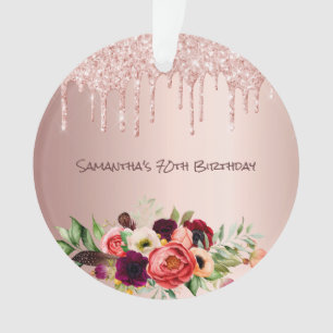 70th birthday rose gold pink florals drips ornament