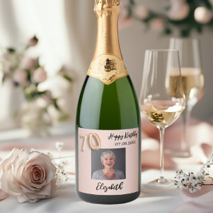 70th Birthday rose gold pink photo Sparkling Wine Label