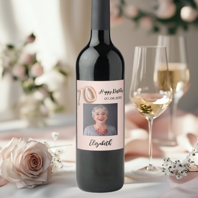 70th Birthday rose gold pink photo Wine Label (Creator Uploaded)