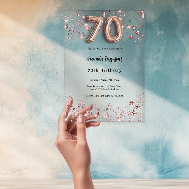 70th birthday rose gold stars clear party acrylic invitations (Creator Uploaded)