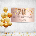 70th birthday rose gold stars pink balloon script banner<br><div class="desc">Elegant, classic, glamourous and girly for a 70th birthday party. Rose gold and blush pink, gradient background. Decorated with faux gold stars. Personalise and add a name. With the text: Happy Birthday. The name is written with a modern dark rose coloured hand lettered style script. Number 70 is written with...</div>