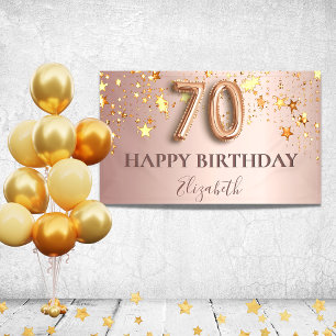 70th birthday rose gold stars pink balloon script banner
