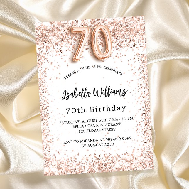 70th birthday rose gold white elegant invitation (Creator Uploaded)