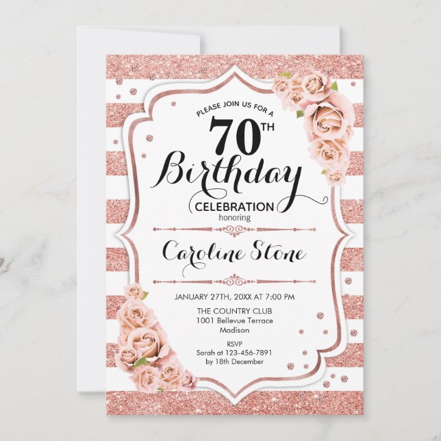 70th Birthday -  Rose Gold White Stripes Invitation (Front)