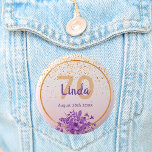 70th birthday rose gold with confetti and flowers 6 cm round badge<br><div class="desc">Glamourous with elegant and modern rose gold, blush pink gradient backdrop for a 70th birthday. With a faux gold frame, and ultra violet and purple coloured watercolored flowers and golden confetti rain. Templates for name, age and date, purple and golden coloured letters. Perfect as party favour or as a save...</div>