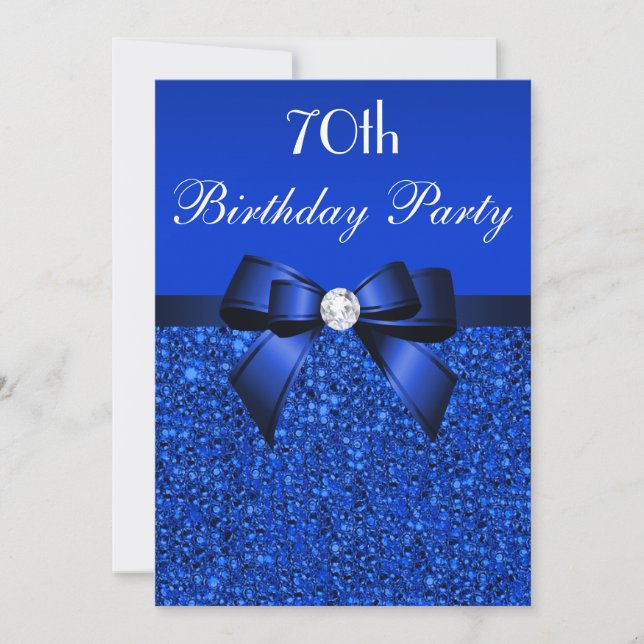 70th Birthday Royal Blue Sequins Bow and Diamond Invitation (Front)