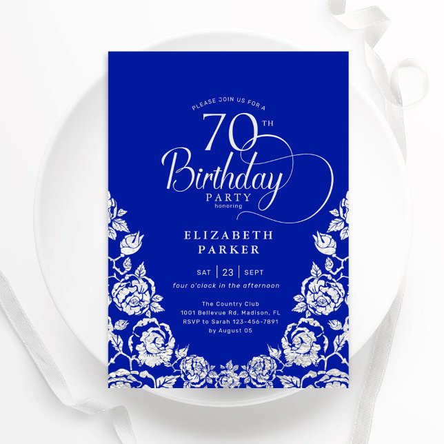 70th Birthday Royal Blue Silver Roses Invitation (Creator Uploaded)