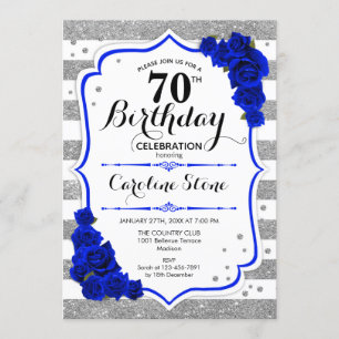 70th Birthday - Royal Blue Silver White Stripes Invitation