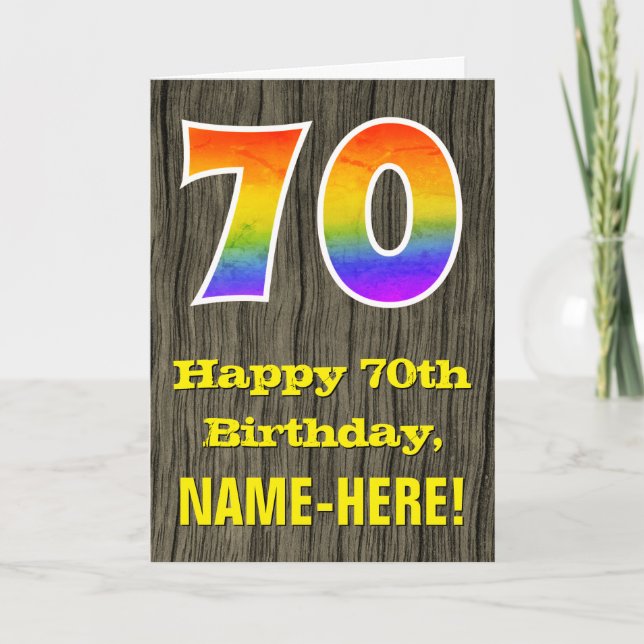 70th Birthday: Rustic Faux Wood Look, Rainbow "70" Card (Front)