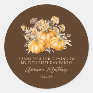 70th Birthday Rustic Pumpkin Fall Thank You Favour Classic Round Sticker