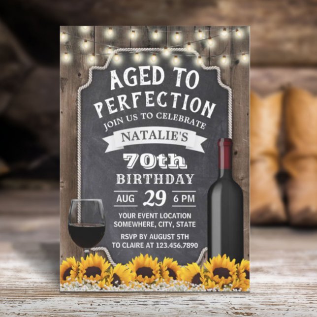 70th Birthday Rustic Sunflowers & Wine Invitation (Creator Uploaded)